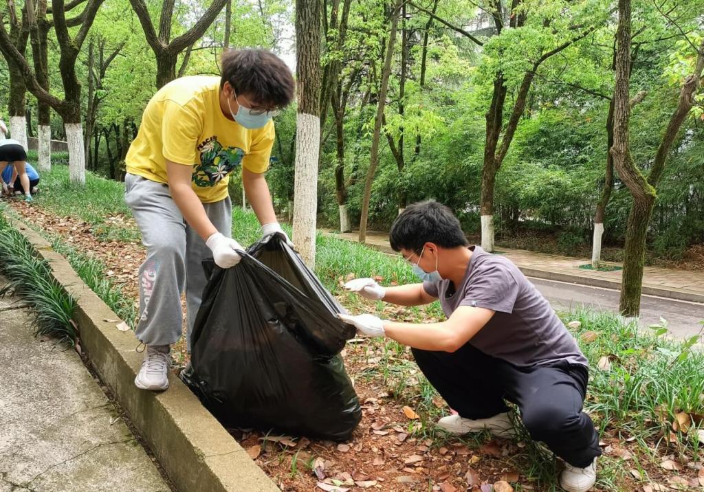 同学们将落叶拾入垃圾袋中